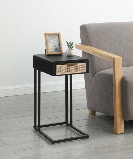 Amherst Black 1-Drawer Radio Weave Cane Metal Side Table by Coaster at Eve Furniture
