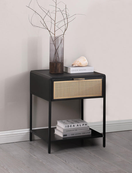 Amherst Black 1-drawer Radio Weave Rattan Metal Side Table by Coaster at Eve Furniture