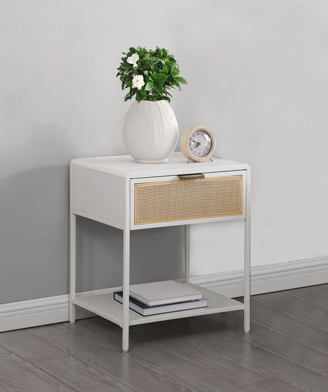 Amherst White 1-drawer Radio Weave Rattan Metal Side Table by Coaster at Eve Furniture