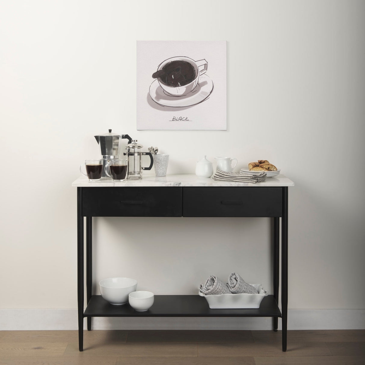 Amika White Marble Top Black Metal Base Console Table by Mercana at Eve Furniture