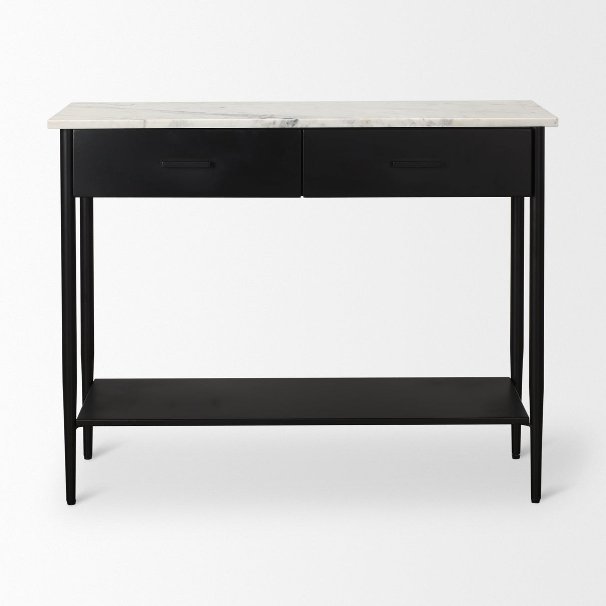 Amika White Marble Top Black Metal Base Console Table by Mercana at Eve Furniture
