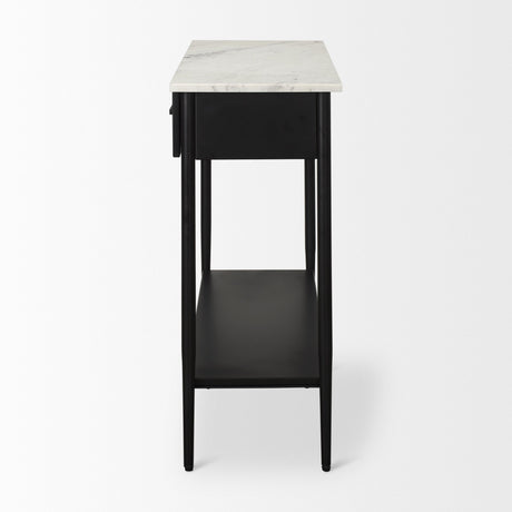 Amika White Marble Top Black Metal Base Console Table by Mercana at Eve Furniture