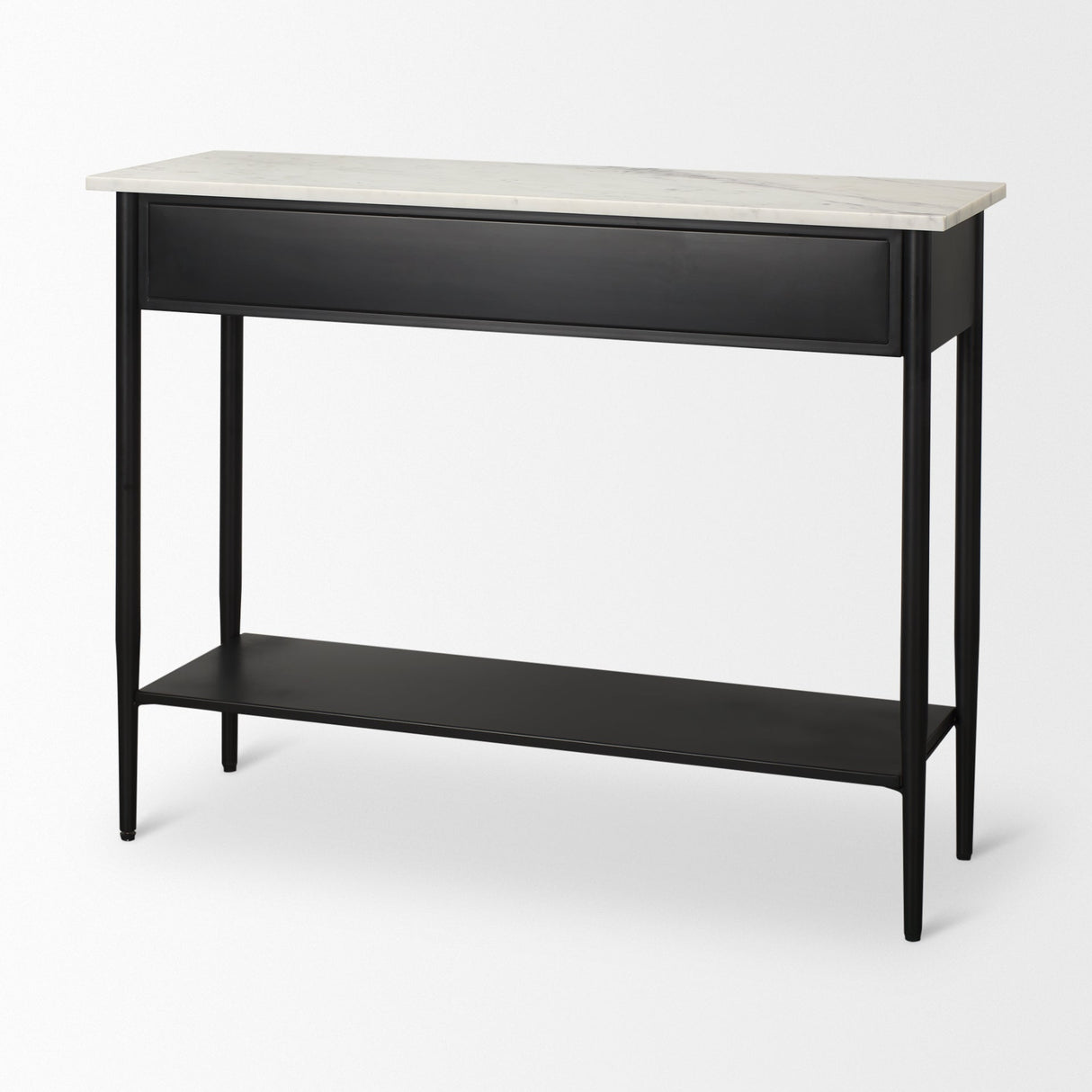 Amika White Marble Top Black Metal Base Console Table by Mercana at Eve Furniture