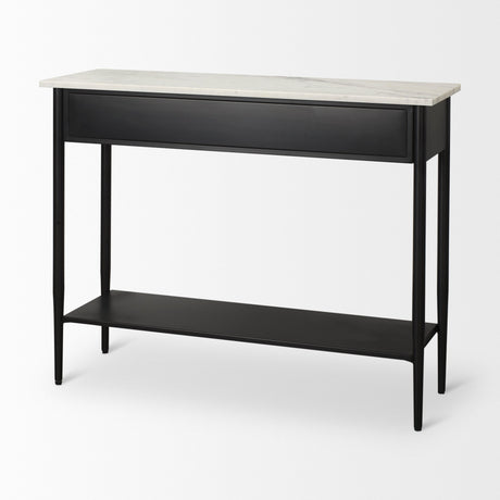 Amika White Marble Top Black Metal Base Console Table by Mercana at Eve Furniture