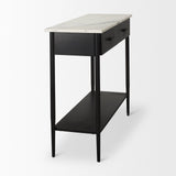 Amika White Marble Top Black Metal Base Console Table by Mercana at Eve Furniture