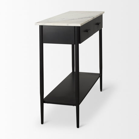 Amika White Marble Top Black Metal Base Console Table by Mercana at Eve Furniture
