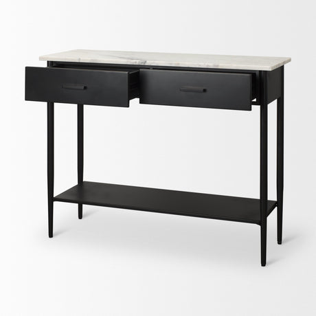 Amika White Marble Top Black Metal Base Console Table by Mercana at Eve Furniture