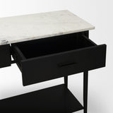 Amika White Marble Top Black Metal Base Console Table by Mercana at Eve Furniture