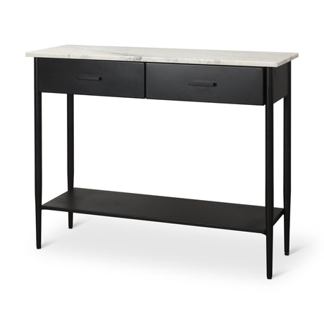 Amika White Marble Top Black Metal Base Console Table by Mercana at Eve Furniture
