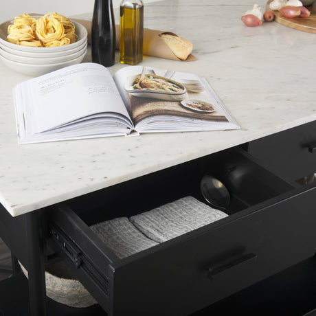 Amika White Marble Top Black Metal Base Kitchen Island by Mercana at Eve Furniture