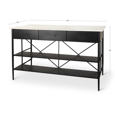 Amika White Marble Top Black Metal Base Kitchen Island by Mercana at Eve Furniture