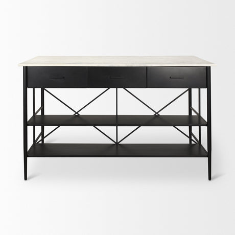 Amika White Marble Top Black Metal Base Kitchen Island by Mercana at Eve Furniture
