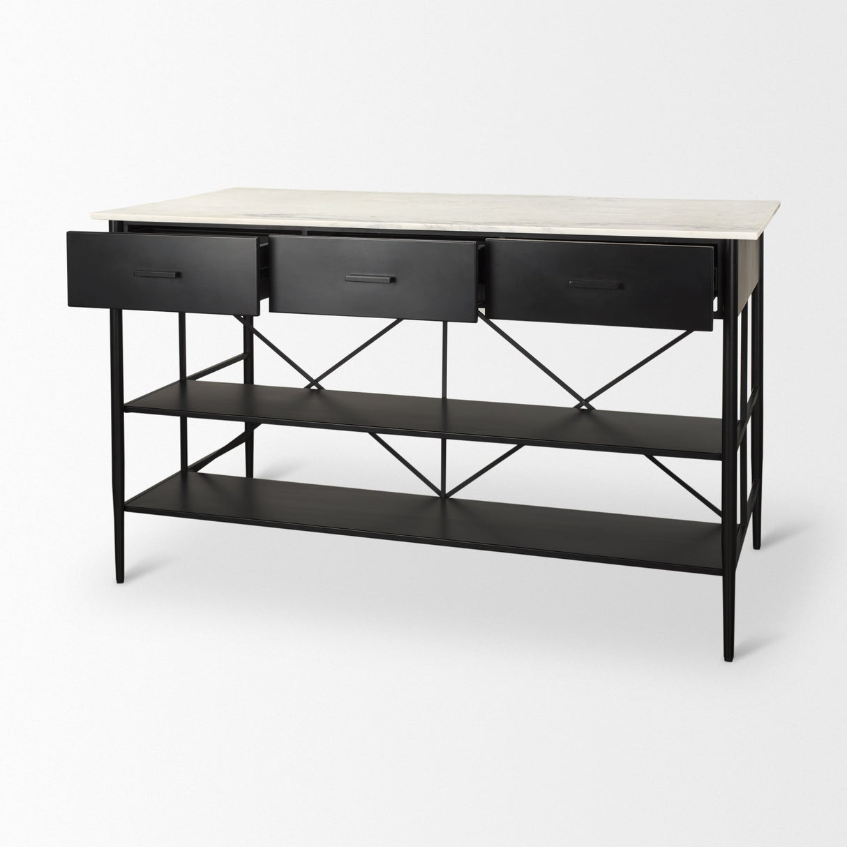 Amika White Marble Top Black Metal Base Kitchen Island by Mercana at Eve Furniture