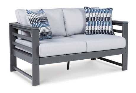 Amora Outdoor Sofa, Loveseat and 2 Lounge Chairs with Coffee Table and 2 End Tables in Charcoal Gray