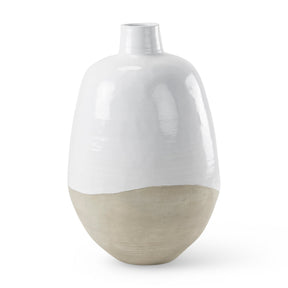 Amos 20.5L x 20.5W x 31.9H White and Dark Beige Color Blocked Ceramic Floor Vase by Mercana at Eve Furniture