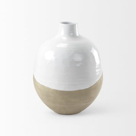 Amos White and Dark Beige Color Blocked Ceramic Floor Vase by Mercana at Eve Furniture