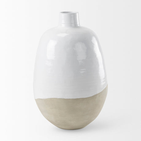 Amos White and Dark Beige Color Blocked Ceramic Floor Vase by Mercana at Eve Furniture