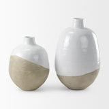 Amos White and Dark Beige Color Blocked Ceramic Floor Vase by Mercana at Eve Furniture