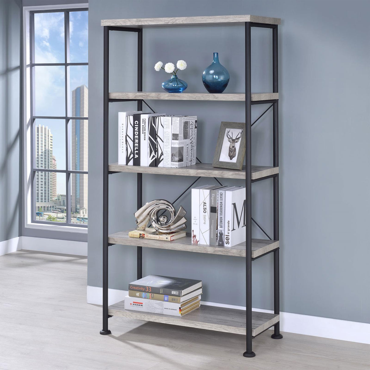 Analiese Gray Driftwood 4-Shelf Bookcase by Coaster at Eve Furniture
