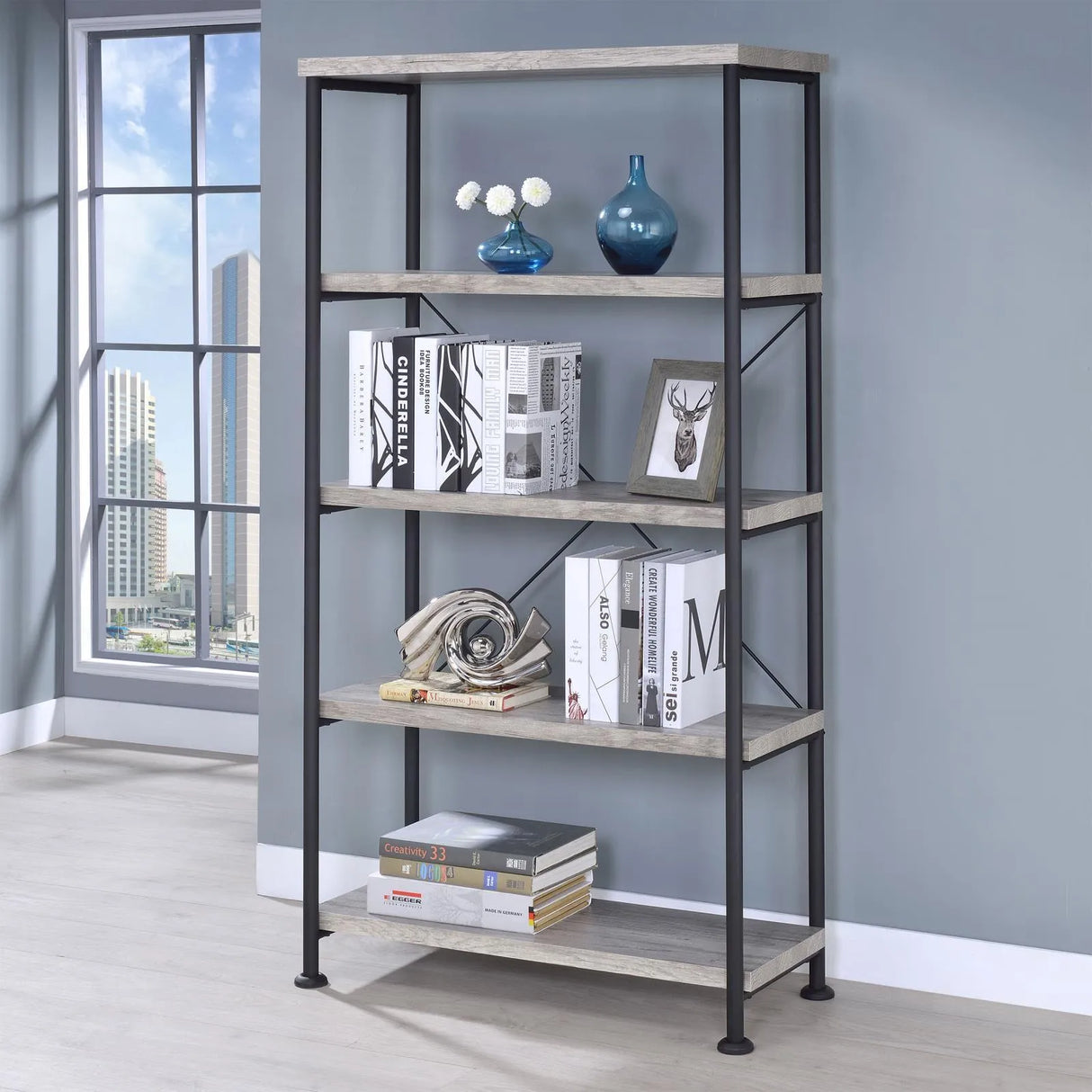 Analiese Gray Driftwood 4-Shelf Bookcase by Coaster at Eve Furniture