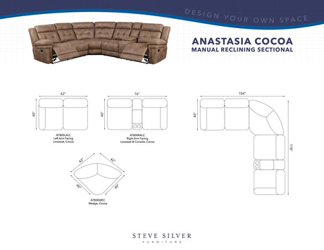 Anastasia Cocoa 3-Piece Reclining Sectional by Steve Silver at Eve Furniture