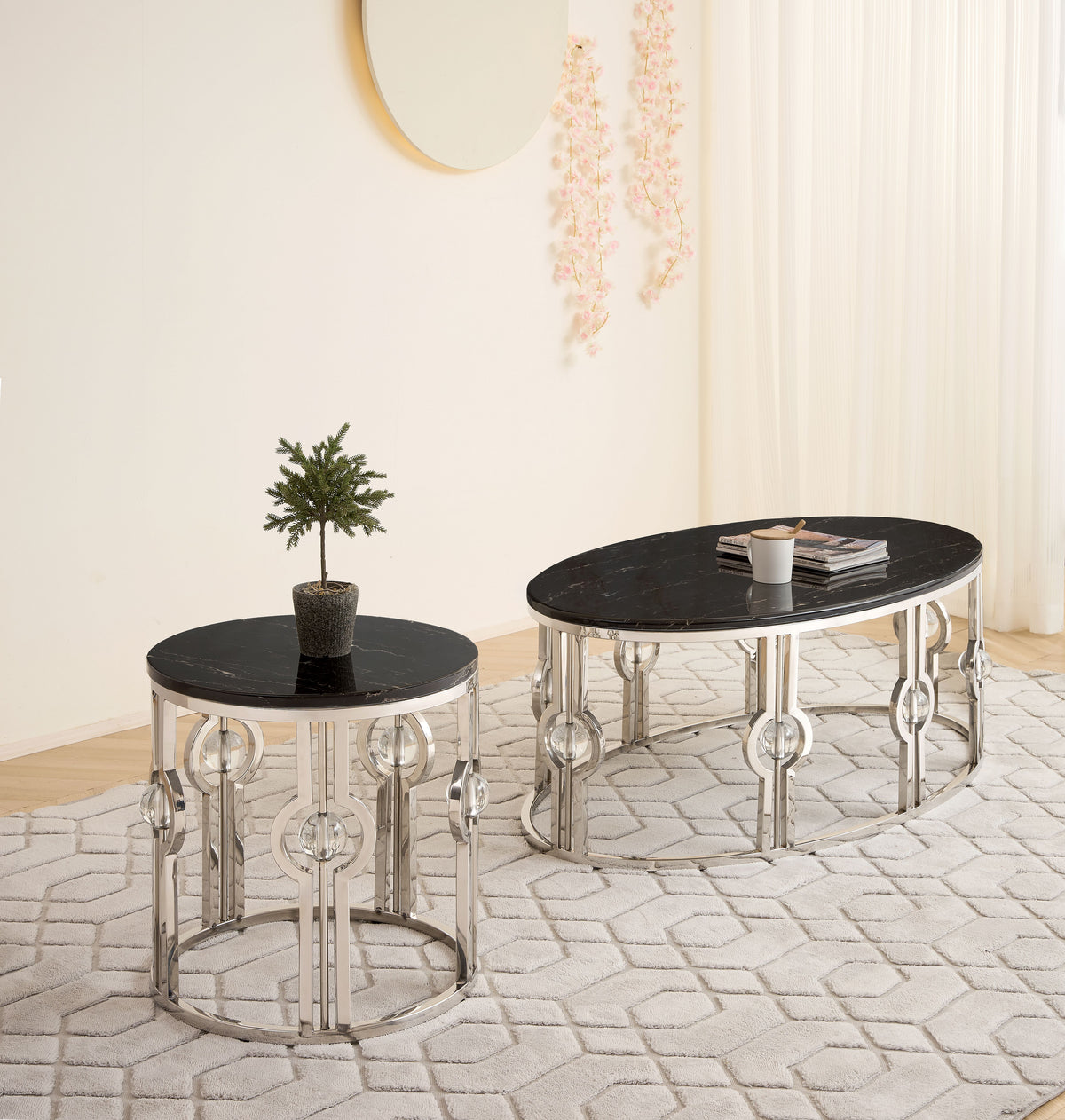 Anika Black Marble Table Set with Metal Base
