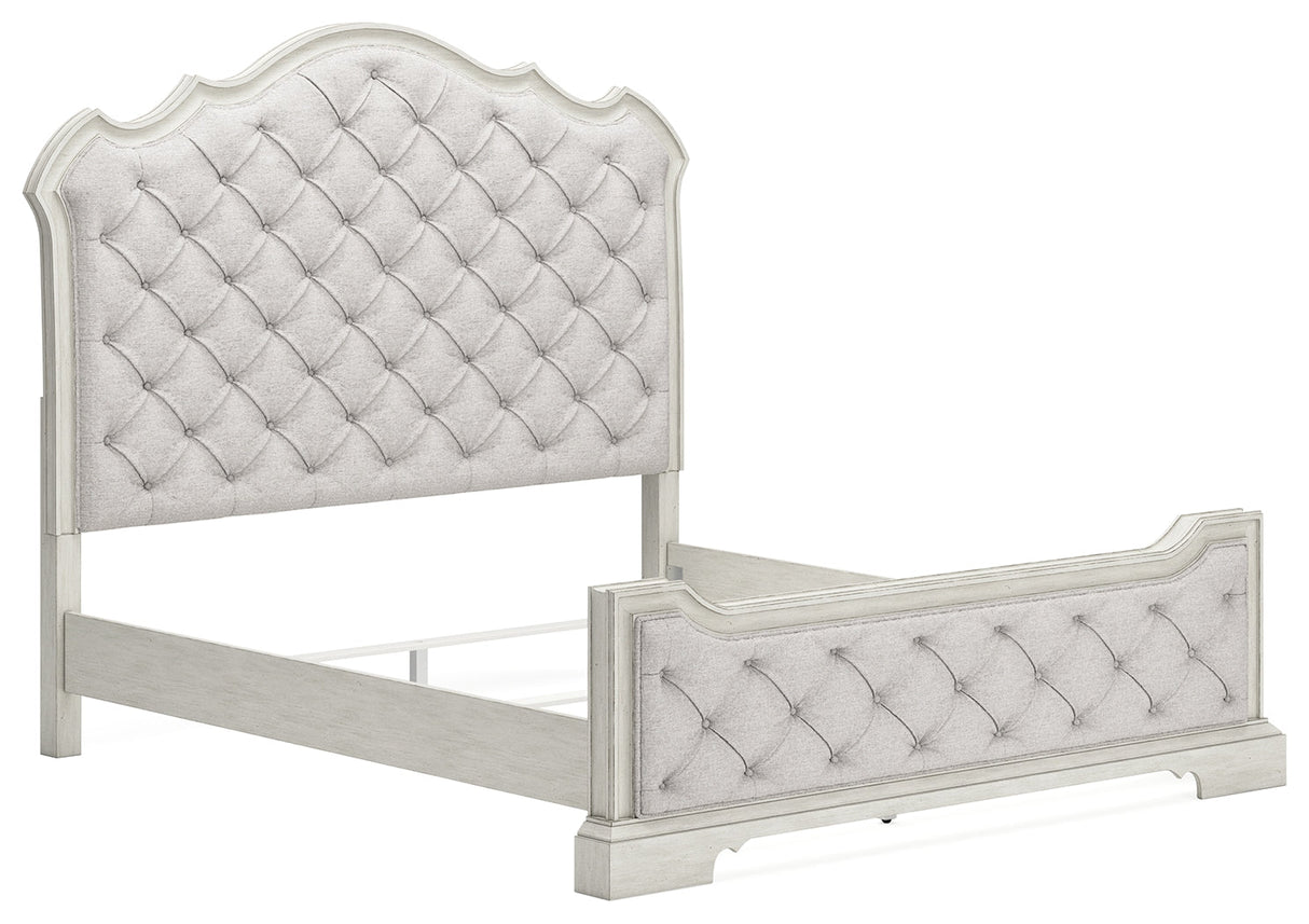 Arlendyne California King Upholstered Bed with Mirrored Dresser and 2 Nightstands in Antique White