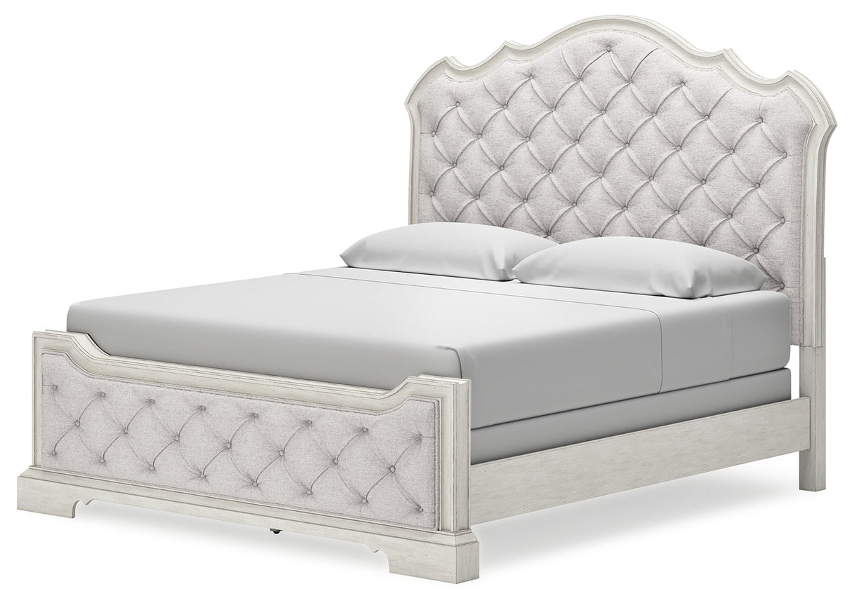 Arlendyne California King Upholstered Bed with Mirrored Dresser and 2 Nightstands in Antique White