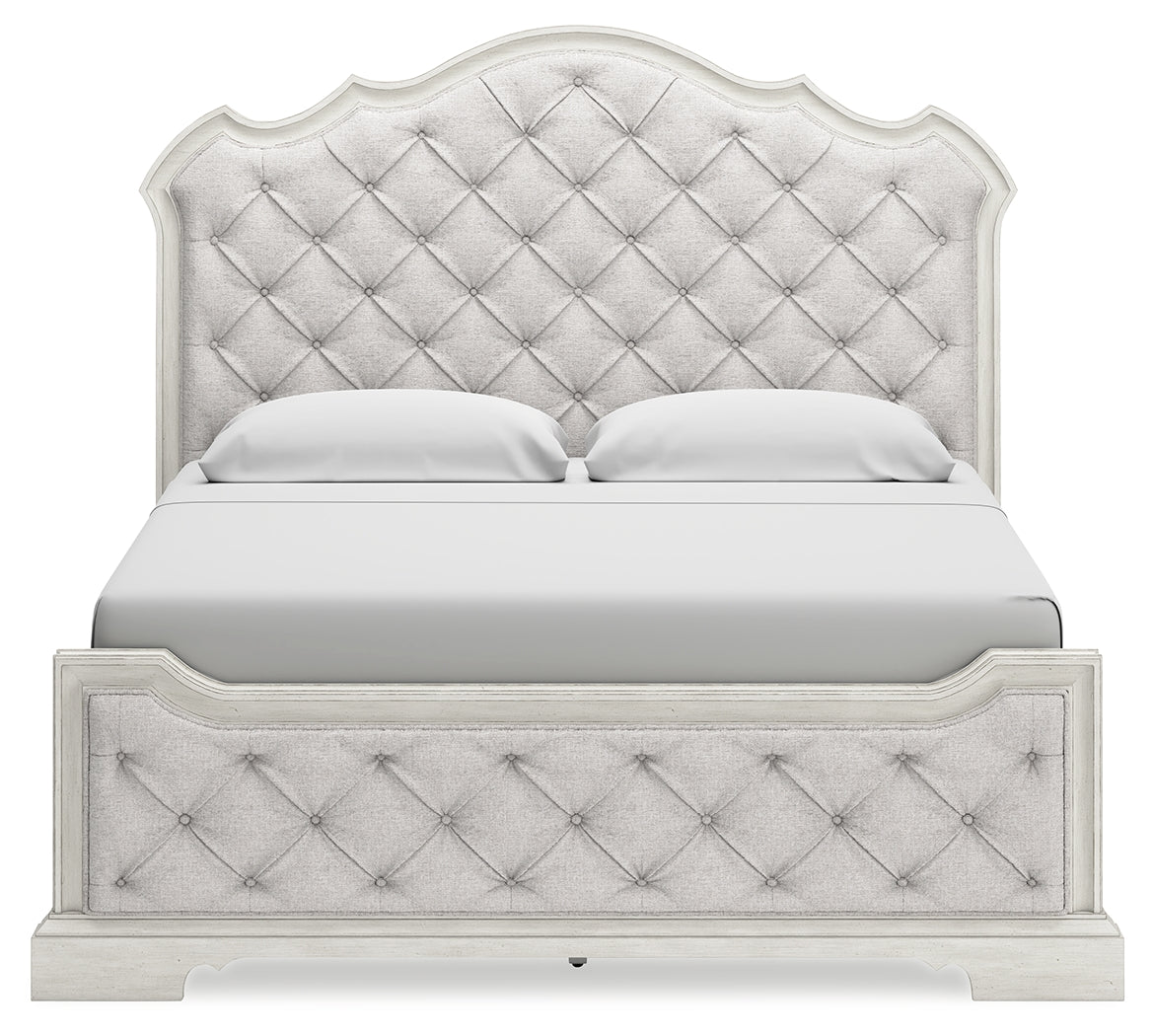 Arlendyne California King Upholstered Bed with Mirrored Dresser and 2 Nightstands in Antique White