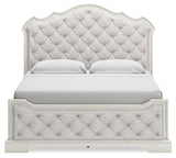 Arlendyne California King Upholstered Bed with Mirrored Dresser and 2 Nightstands in Antique White