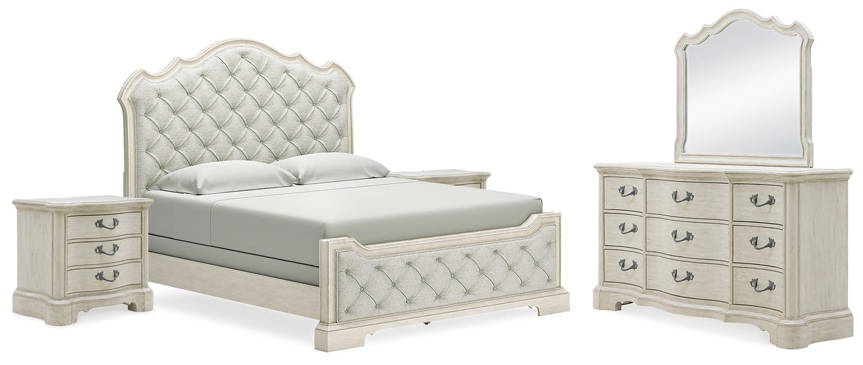 Arlendyne California King Upholstered Bed with Mirrored Dresser and 2 Nightstands in Antique White