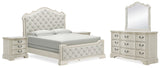 Arlendyne California King Upholstered Bed with Mirrored Dresser and 2 Nightstands in Antique White