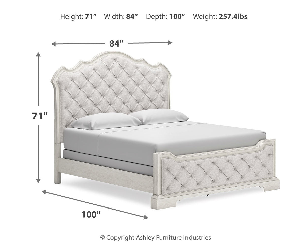 Arlendyne California King Upholstered Bed with Mirrored Dresser and 2 Nightstands in Antique White