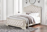 Arlendyne California King Upholstered Bed with Mirrored Dresser and 2 Nightstands in Antique White