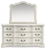 Arlendyne California King Upholstered Bed with Mirrored Dresser and 2 Nightstands in Antique White