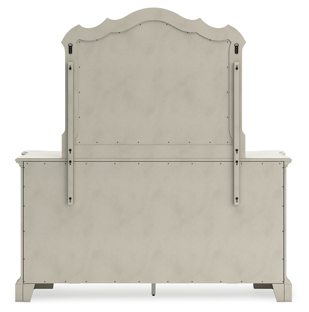 Arlendyne California King Upholstered Bed with Mirrored Dresser and 2 Nightstands in Antique White