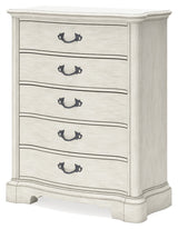 Arlendyne California King Upholstered Bed with Mirrored Dresser and Chest in Antique White