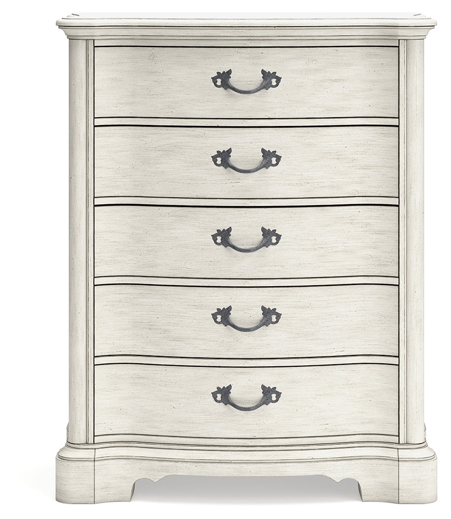 Arlendyne California King Upholstered Bed with Mirrored Dresser and Chest in Antique White