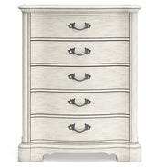 Arlendyne California King Upholstered Bed with Mirrored Dresser and Chest in Antique White