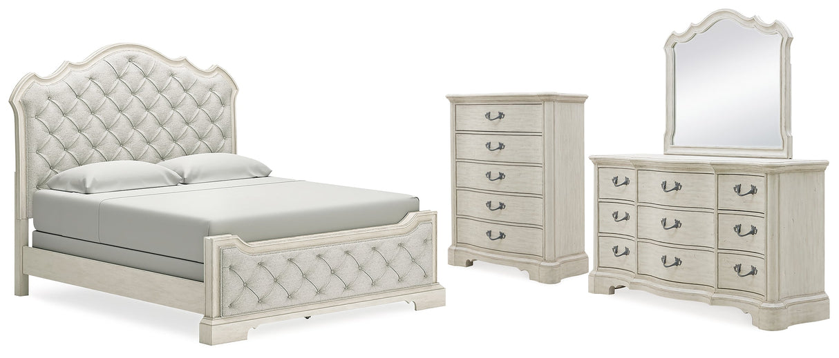 Arlendyne California King Upholstered Bed with Mirrored Dresser and Chest in Antique White