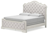 Arlendyne California King Upholstered Bed with Mirrored Dresser and Chest in Antique White