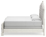 Arlendyne California King Upholstered Bed with Mirrored Dresser and Chest in Antique White