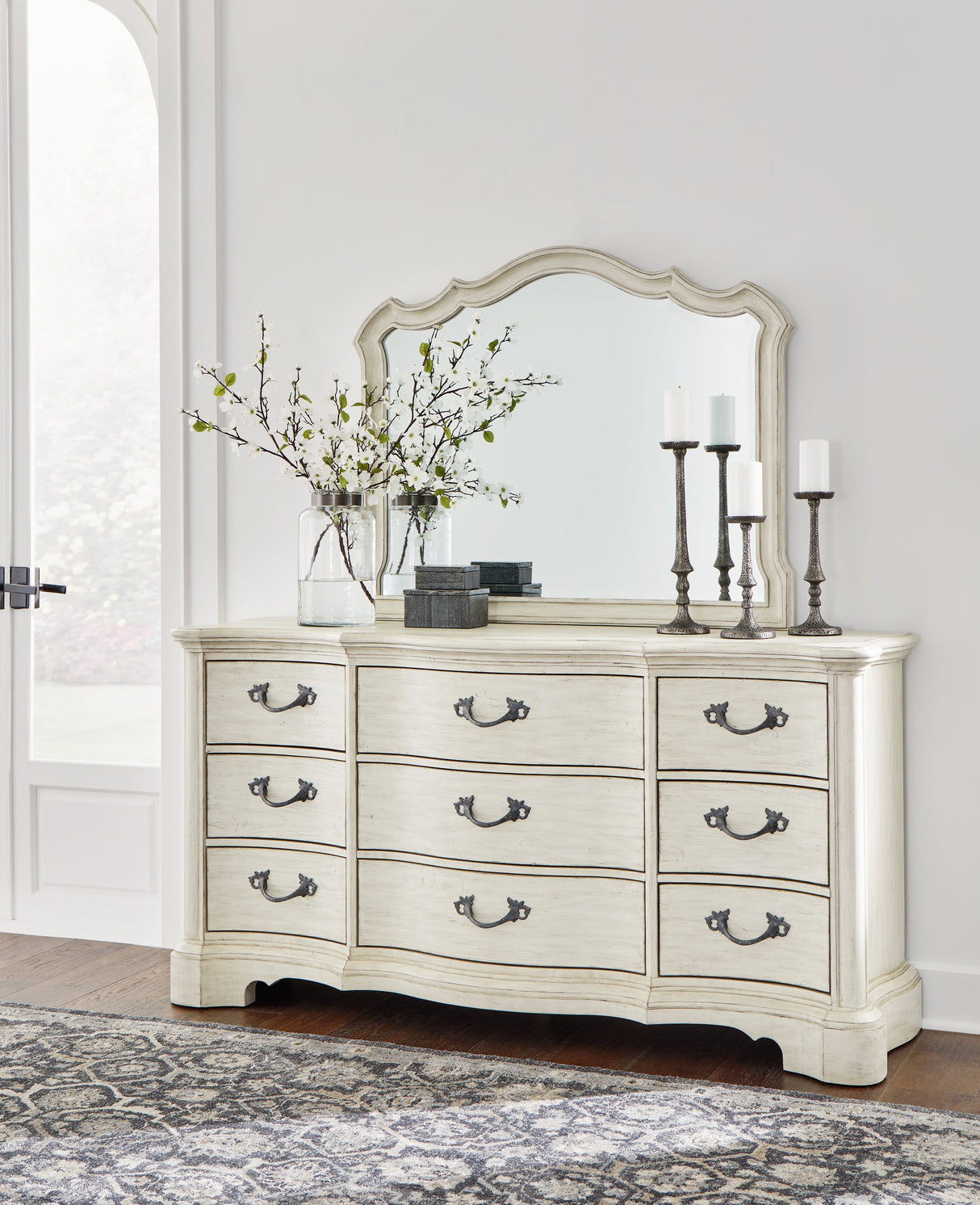 Arlendyne California King Upholstered Bed with Mirrored Dresser and Chest in Antique White