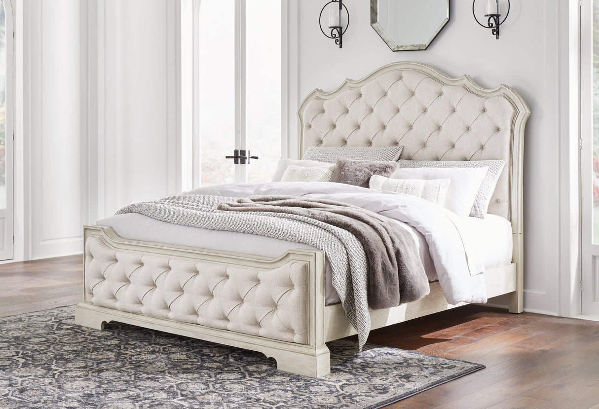 Arlendyne California King Upholstered Bed with Mirrored Dresser and Chest in Antique White