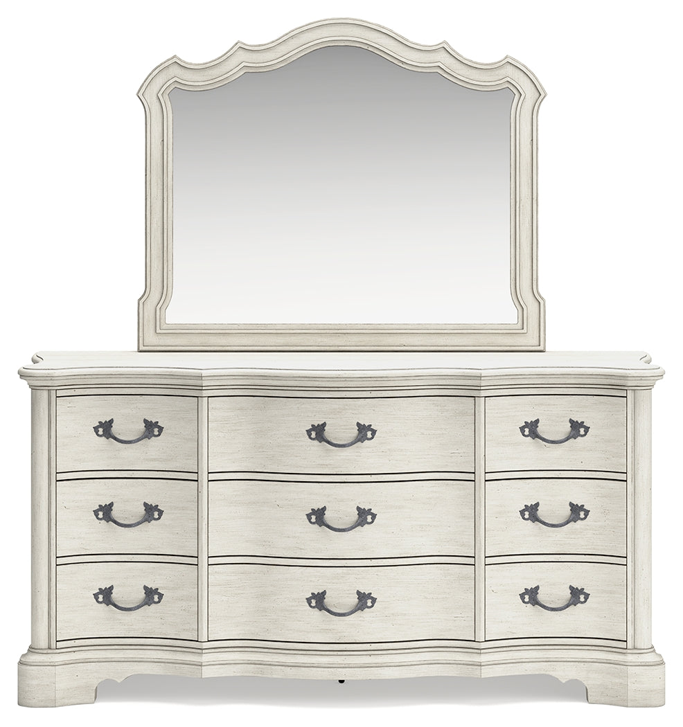 Arlendyne California King Upholstered Bed with Mirrored Dresser and Chest in Antique White