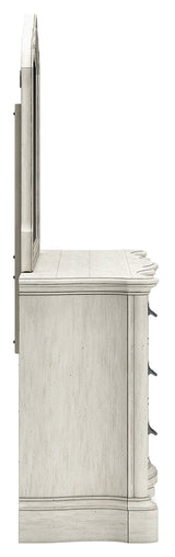 Arlendyne California King Upholstered Bed with Mirrored Dresser and Chest in Antique White