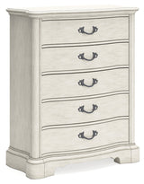 Arlendyne California King Upholstered Bed with Mirrored Dresser and Chest in Antique White