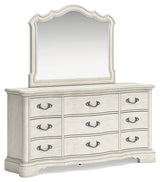 Arlendyne California King Upholstered Bed with Mirrored Dresser and Nightstand in Antique White