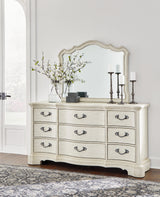 Arlendyne California King Upholstered Bed with Mirrored Dresser and Nightstand in Antique White