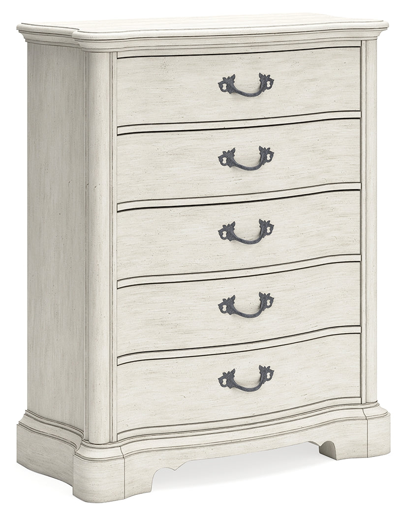 Arlendyne California King Upholstered Bed with Mirrored Dresser, Chest and 2 Nightstands in Antique White